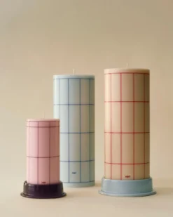 Column Candle blockljus large 25 cm, Light blue-blue grid check
