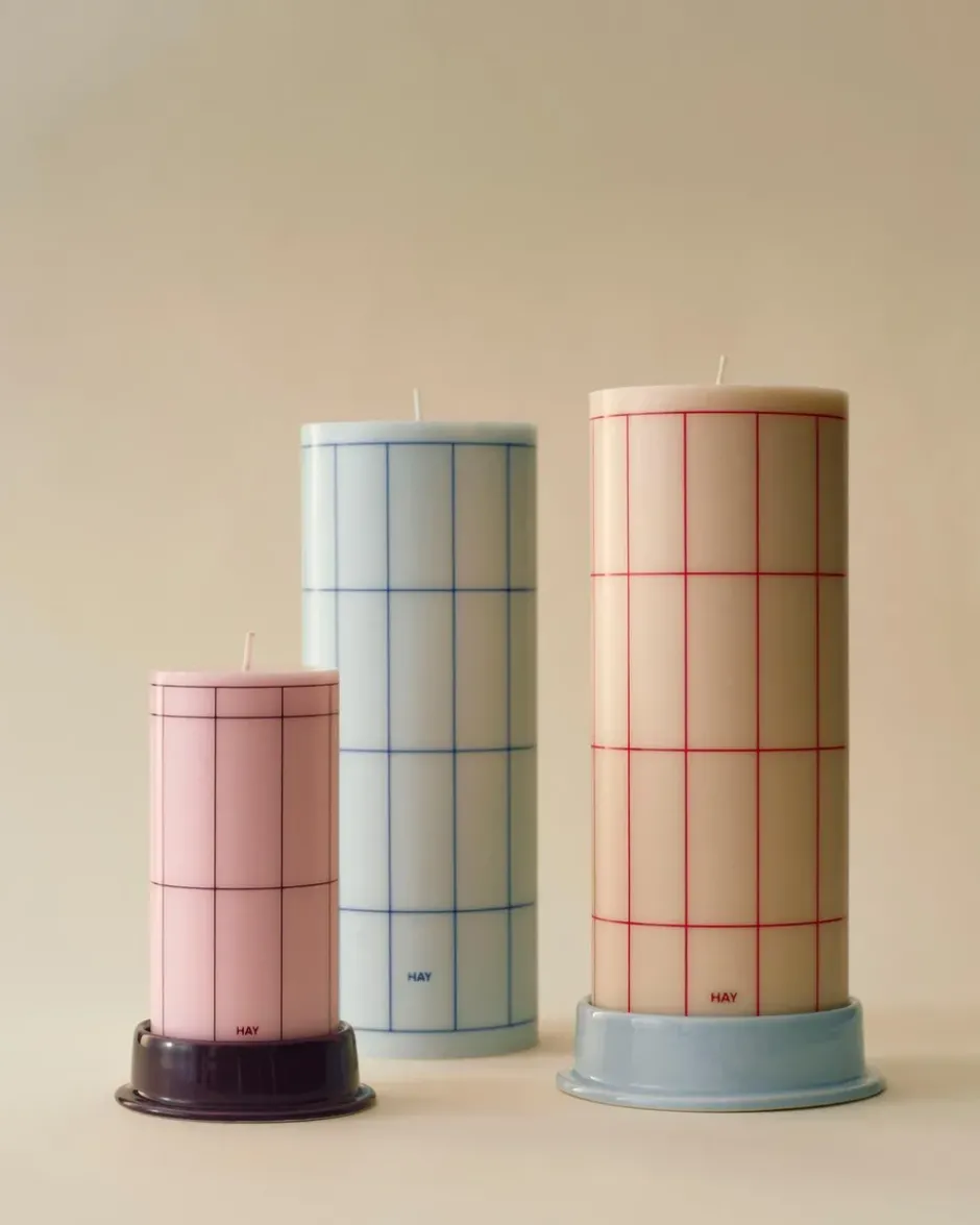 Column Candle blockljus large 25 cm, Light blue-blue grid check