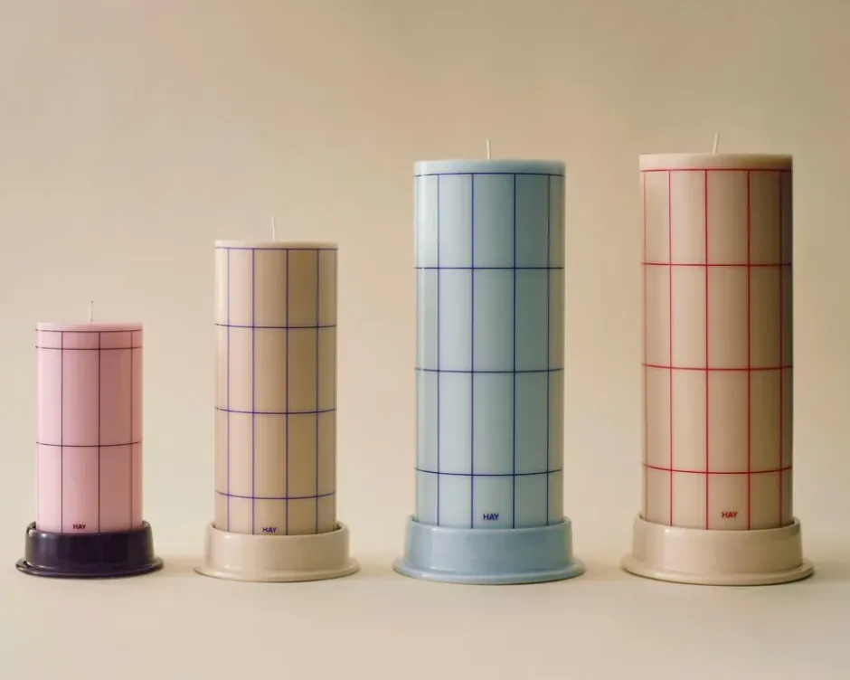 Column Candle blockljus large 25 cm, Light blue-blue grid check