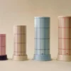 Column Candle blockljus small 15 cm, Light pink-bordeaux grid