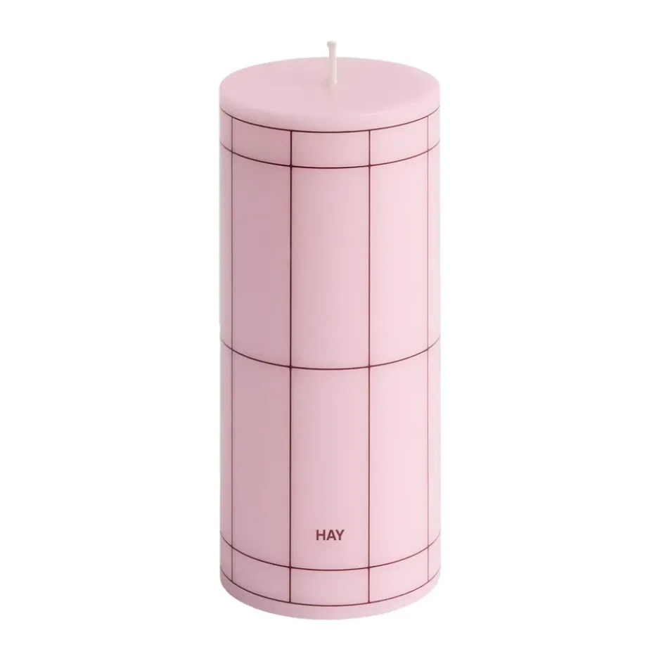 Column Candle blockljus small 15 cm, Light pink-bordeaux grid