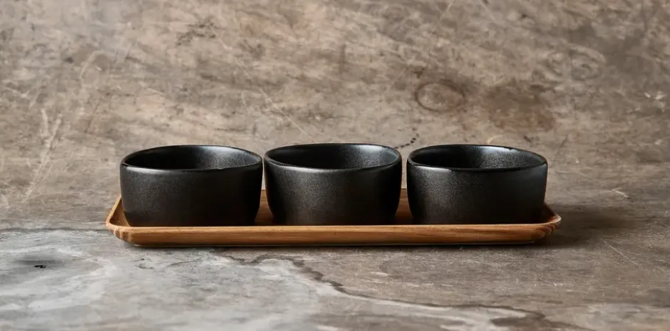 Raw Organic skålset med träbricka, Titanium Black