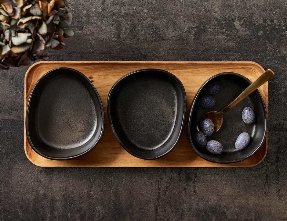 Raw Organic skålset med träbricka, Titanium Black