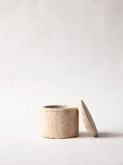 Travertine burk med lock, Ø13 cm